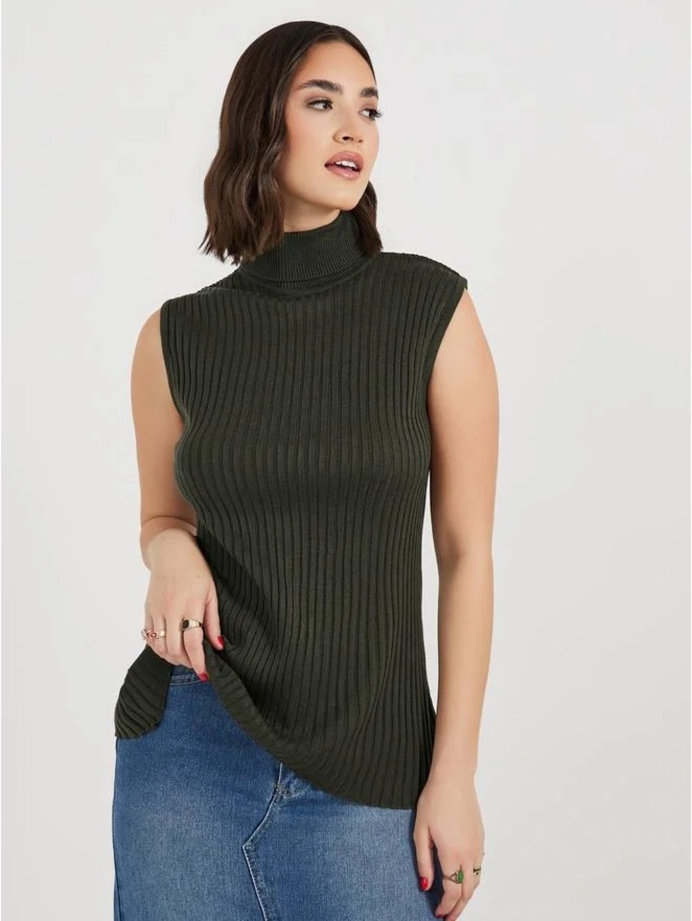 Zara Ribbed Mock Neck Tank - Olive Green